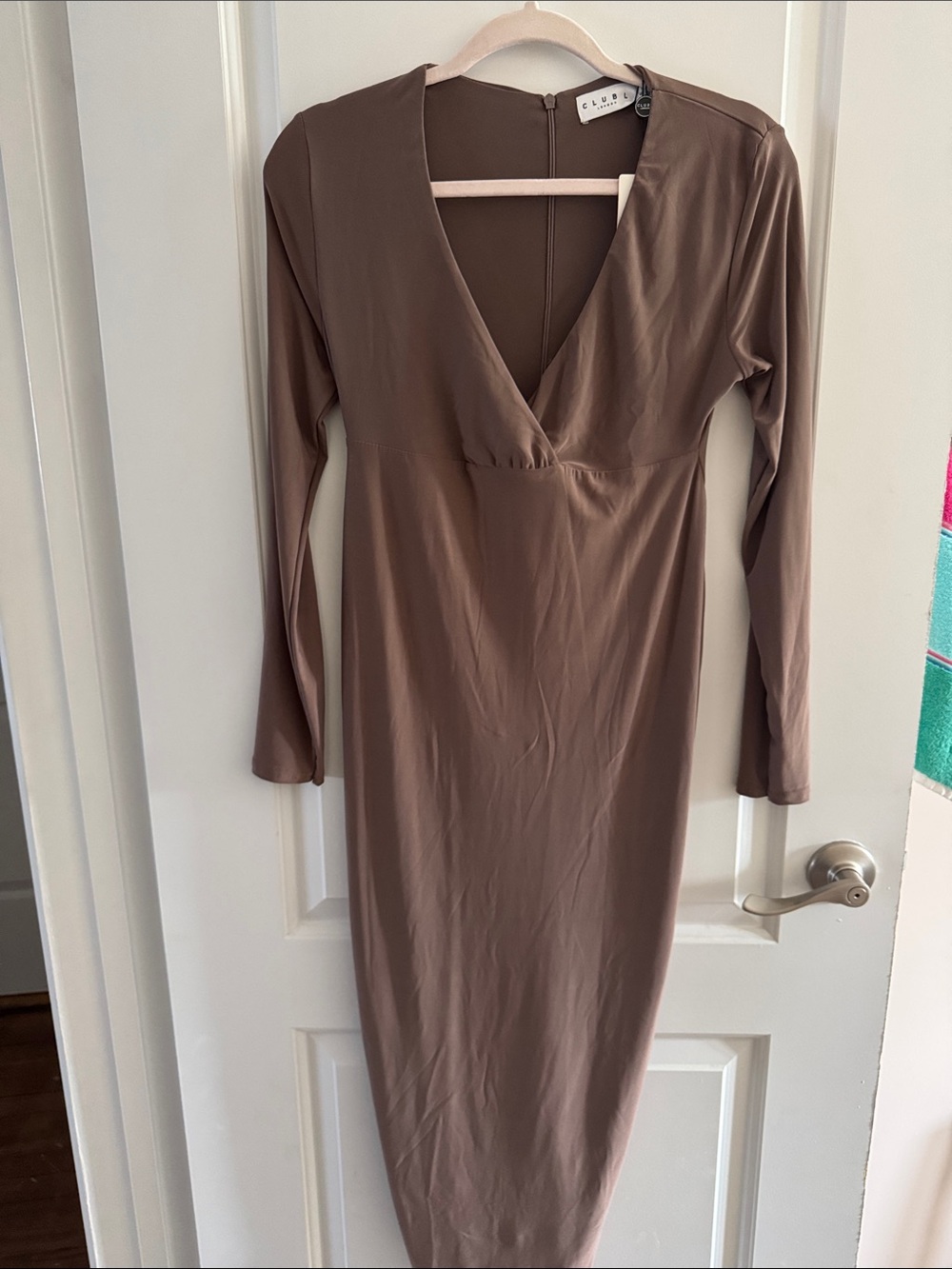 Club L London Taupe Long Sleeve V-Neck Midi Dress